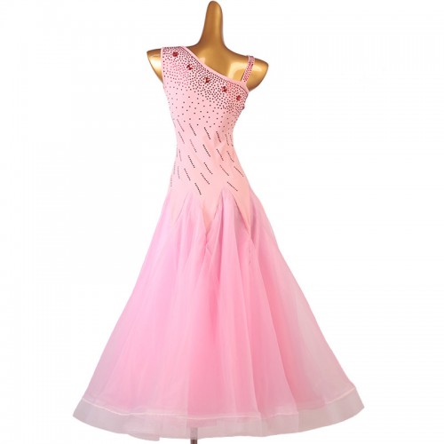 Custom size pink gemstones competition ballroom dancing dresses for women girls one shoulder sleeveless waltz tango foxtrot smooth dance long dress for female